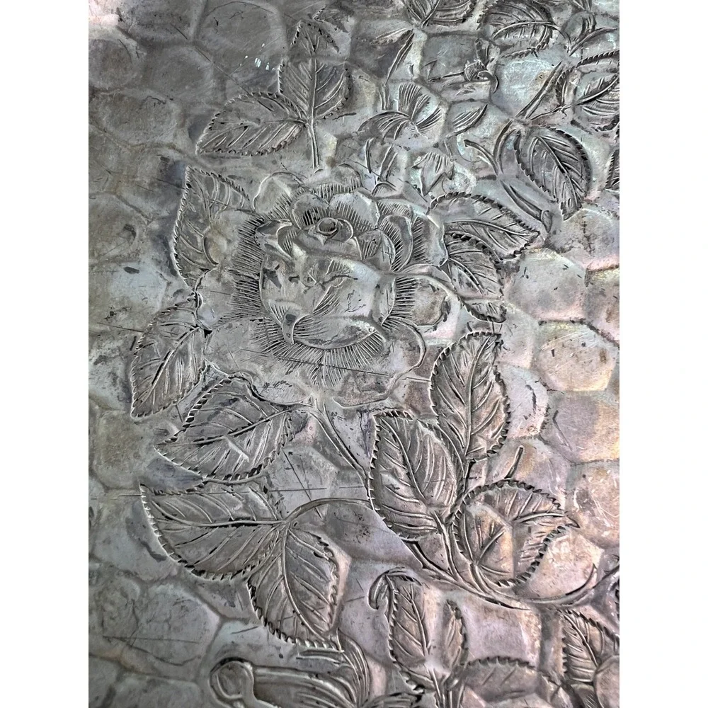 Hand Forged Aluminum Serving Tray 12 Inch Vintage Rose Hammered Floral‎ MCM